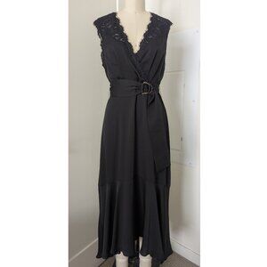 BCBGMAXAZRIA Black Satin Crepe Sleeveless Belted Dress Lace Detail Size S